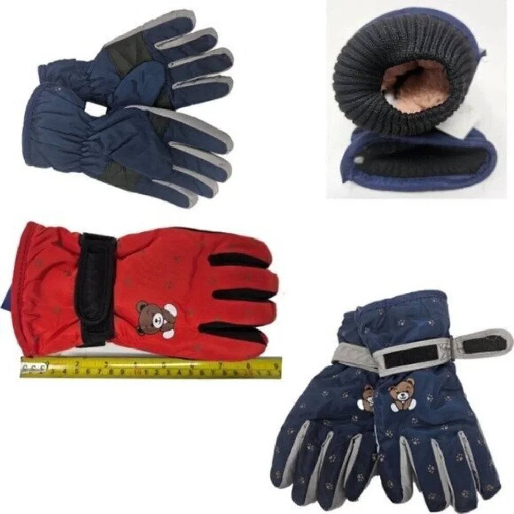Boys Girls Winter Ski Gloves w/ Bear Print Lined Hook & Loop Waterproof, 3 Pairs